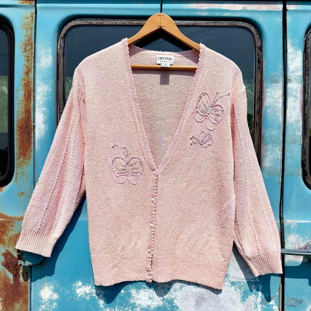 90s crystal sportswear pink silk & acrylic blend cardigan bead butterflies